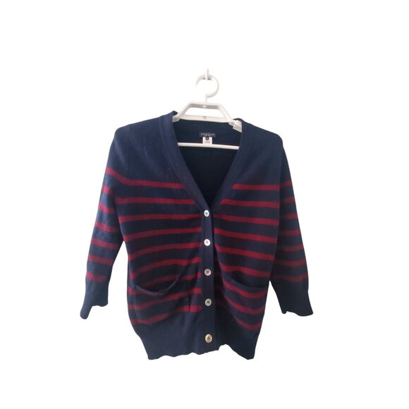 Demylee New York cardigan sweater womens XS cashmere navy red striped - Picture 1 of 4